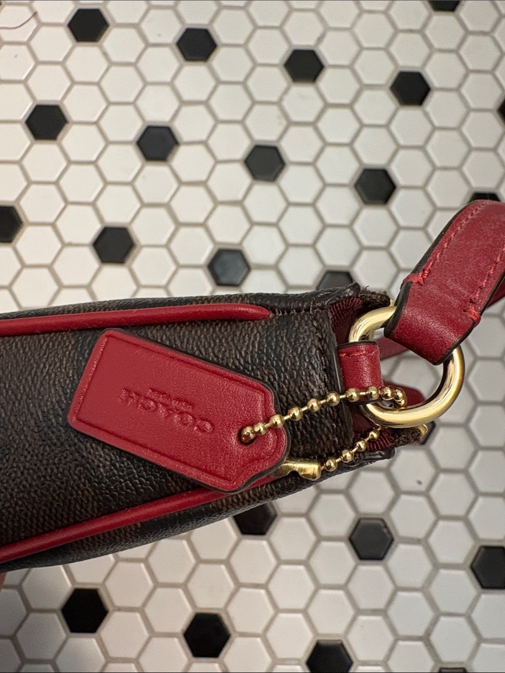 COACH Brown Signature Wristlet with Red Trim and Strap - Picture 6 of 7